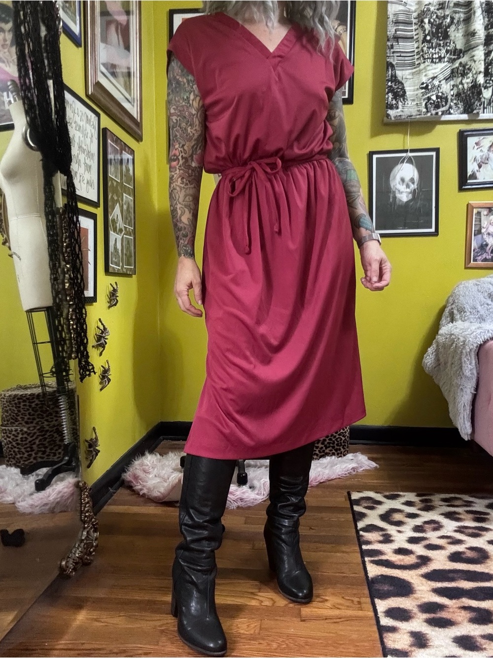 Vintage Red Maroon Velour V Neck Midi Dress